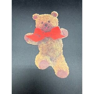 Vintage Teddy Bear Die Cut Decoration Red Bow Curly Fur Print 1970s Wall Art